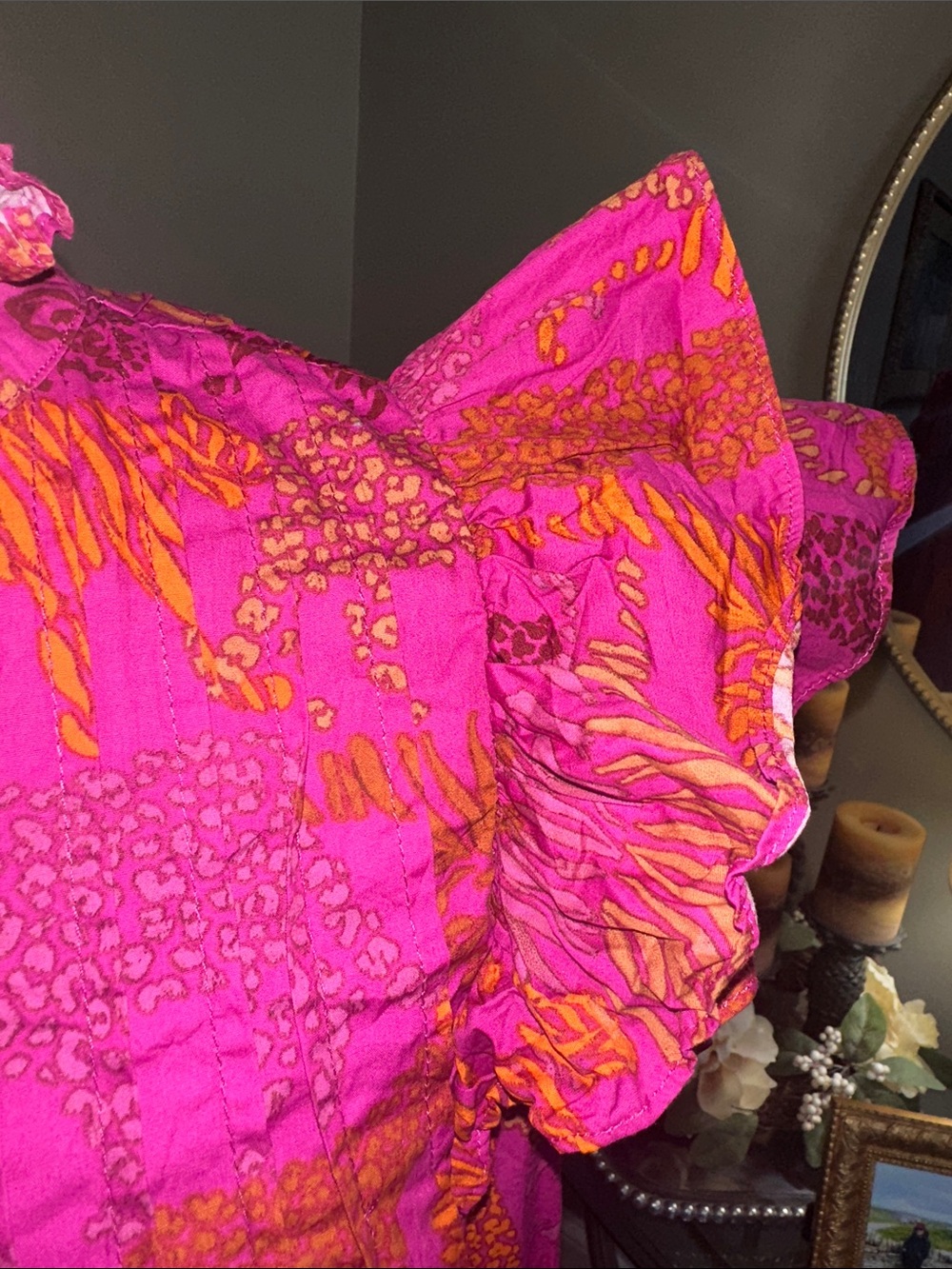 Sugarlips Hot Pink and Orange Animal-Print Ruffle-Shoulder Midi Dress size small - Picture 3 of 12